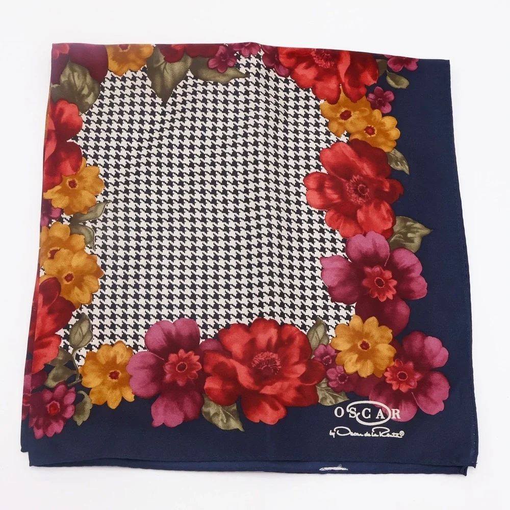Oscar de la Renta VTG Silk Scarf Houndstooth and Floral Square 21x21